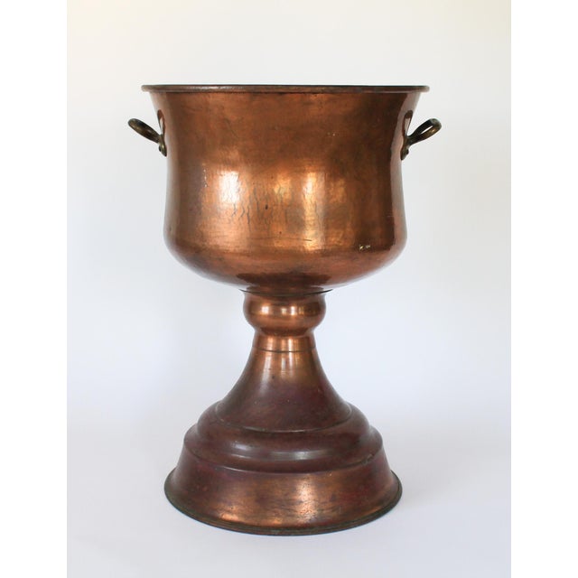 Monumental Footed Copper Planter / Jardiniere With Brass Side Handles and a Wide Flared Pedestal Base For Sale - Image 4 of 11