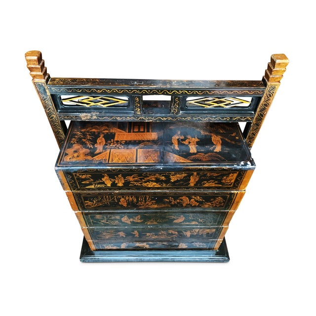 Structurally sound, has patina and losses throughout to the lacquer and paint in keeping with age and use.