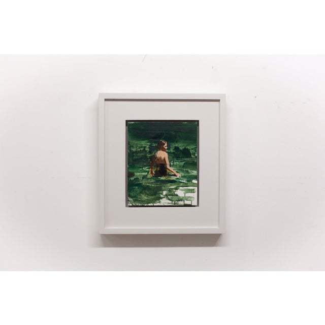 This oil on panel portrays a swimmer immersed in a deep green aquatic environment, capturing the fluidity of water through...