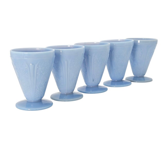 1930s 1930s Jeanette Glass Delphite Blue Cherry Blossom Footed Juice Tumblers, Set of Five For Sale - Image 5 of 9