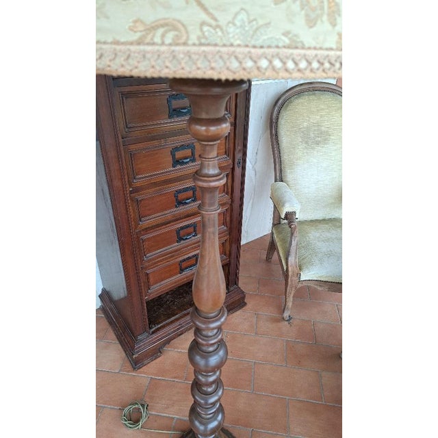 Late twentieth century (1940 - 1980) 1970s floor lamp in beech with original embroidered lampshade. Elegant floor lamp...