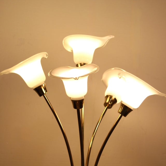 Vintage Murano glass calla lily flower and brass floor lamp with 5 brass arms, each with a white glass lily shade holding...