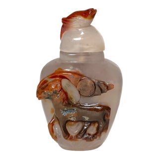 Share Antique Chinese Hand Carved Agate Stone Snuff Bottle Jar Sculpture Trinket For Sale