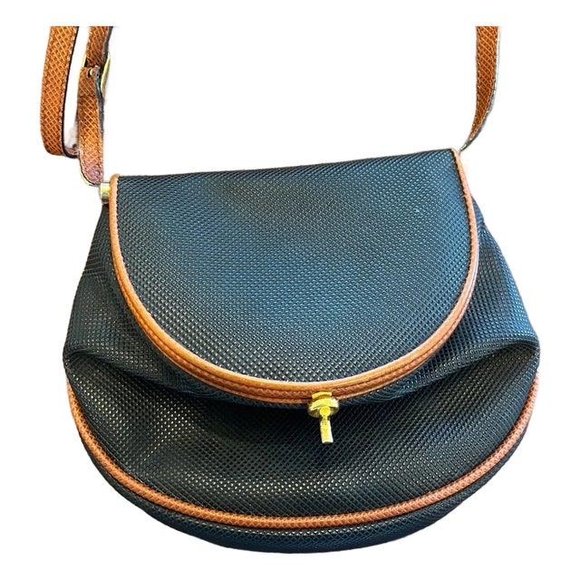 Vintage Bottega Veneta Marco Polo Crossbody Bag Navy Tan Italy Authentic For Sale