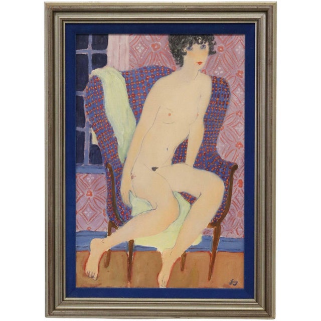Framed oil on canvas painting, Female Nude, signed lower right Long (R. Long, 20th c.), partial KLRU TV Auction label...