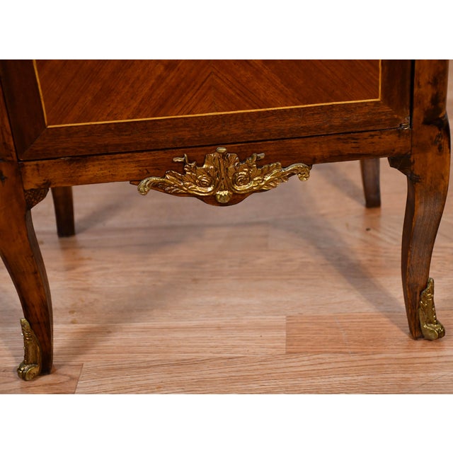 Wood Antique French Louis XV Style Mahogany Inlay Nightstand With Faux Book Front Gallery Top Bronze Mounts For Sale - Image 7 of 15