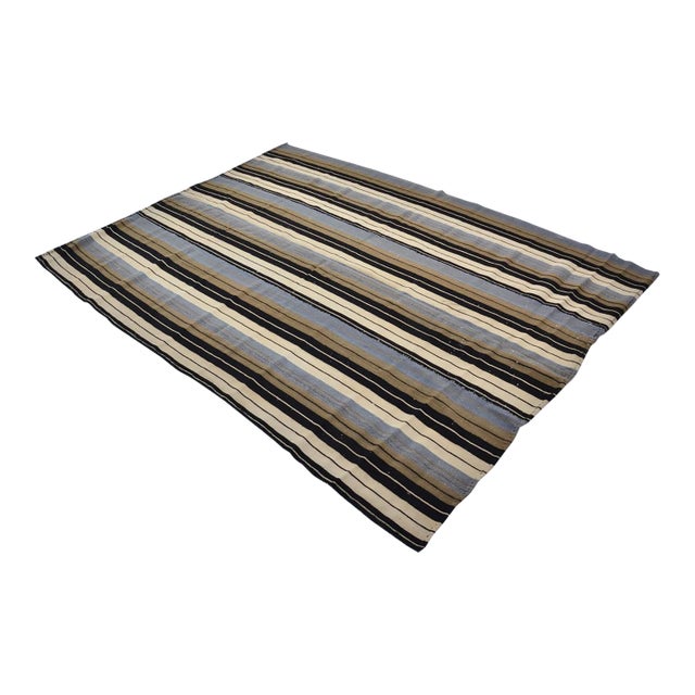 Vintage Turkish Flatweave Kilim Rug - Modernist Wabi-Sabi Striped Wool Rug For Sale