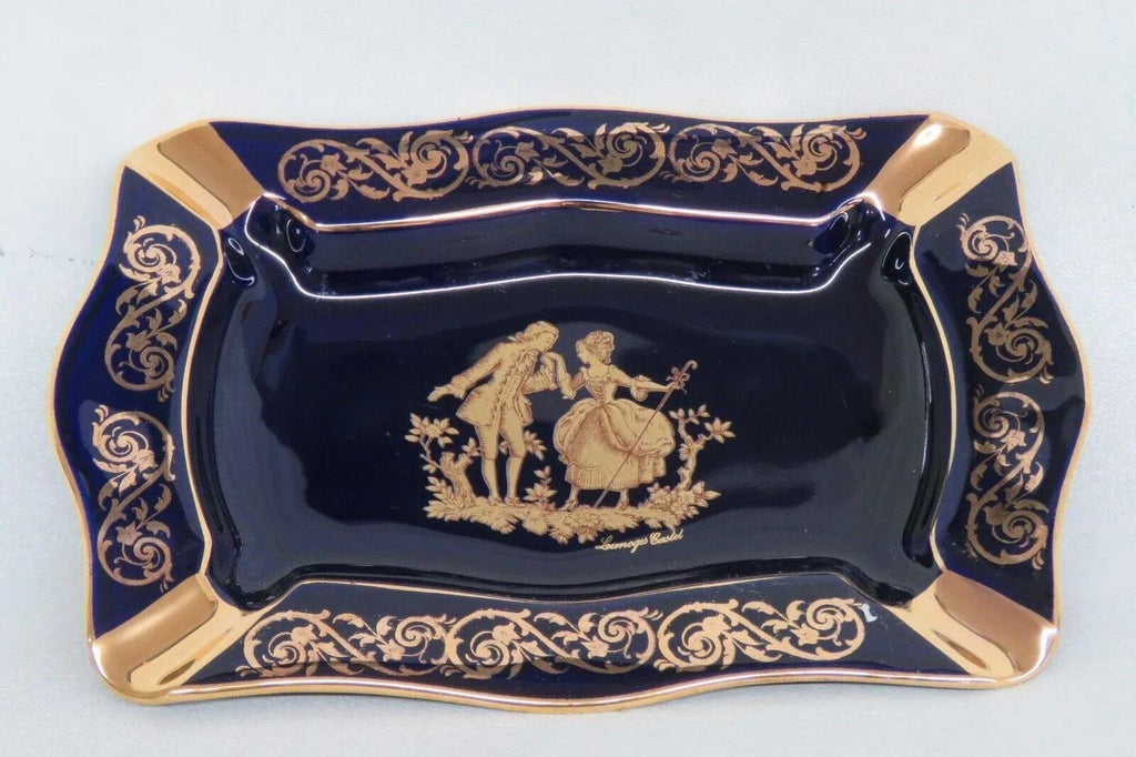 Limoges Castel France Porcelain Cobalt Blue 22k Gold Cameo Ashtray