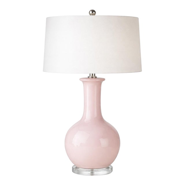 Late 20th Century Blush Pink Glass Gourd Table Lamp With Acrylic Base & Linen Drum Shade – Coastal Glam (27”) For Sale