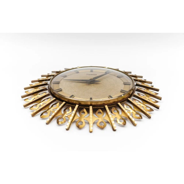 Mid-Century Modern Mid-Century Modern Sunburst Wall Clock in Brass from Trichter, Germany, 1950s For Sale - Image 3 of 8