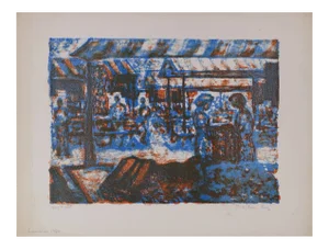 The Fabric Market - Original Lithograph by Léon Lang - Late 1900 Late 1900