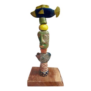Marc Zimmerman "Blue Fish" Glazed Ceramic Totem, 30 Inches Tall, Blue Fish Finial, Stacked Organic Forms, Contemporary Art West Coast For Sale