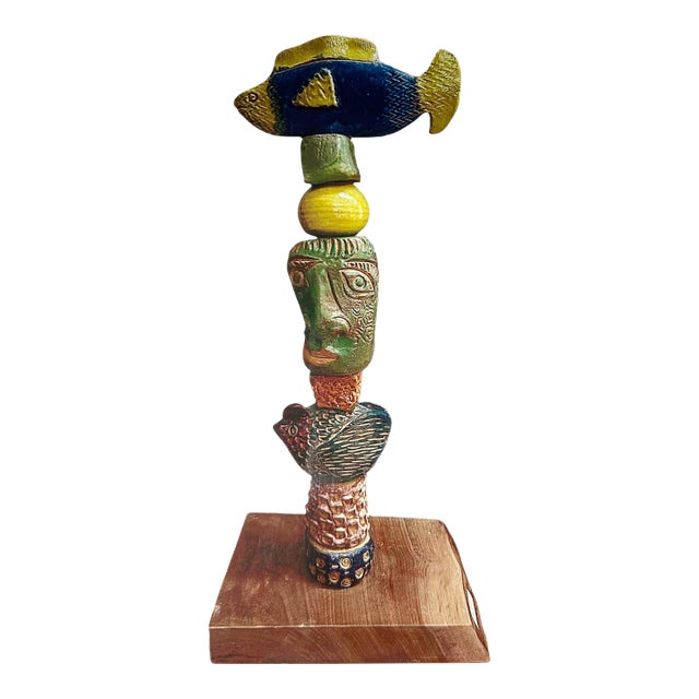 Marc Zimmerman "Blue Fish" Glazed Ceramic Totem, 30 Inches Tall, Blue Fish Finial, Stacked Organic Forms, Contemporary Art West Coast For Sale