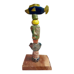 Marc Zimmerman "Blue Fish" Glazed Ceramic Totem, 30 Inches Tall, Blue Fish Finial, Stacked Organic Forms, Contemporary Art West Coast