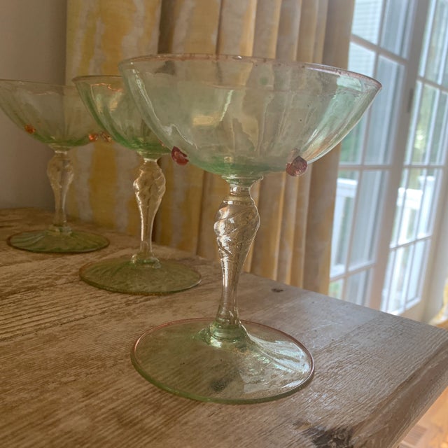 Green Green Murano Glass Champagne Coupes Attributed to Salviati- Set of 9 For Sale - Image 8 of 9