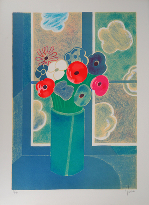 Albert Zavaro, Le bouquet à la fenêtre, Lithograph