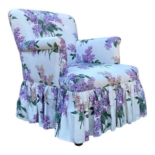 Grand Millennial Style Petite Lilac Bouquet Floral Print Ruffle Skirt Bedroom Chair For Sale