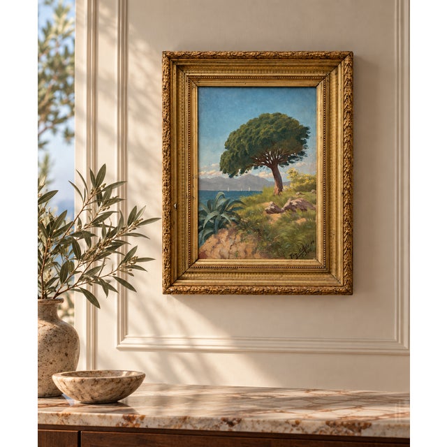 Early 20th-century oil painting on panel depicting Cannes, La Bocca, on the French Riviera, with the Estérel mountain...