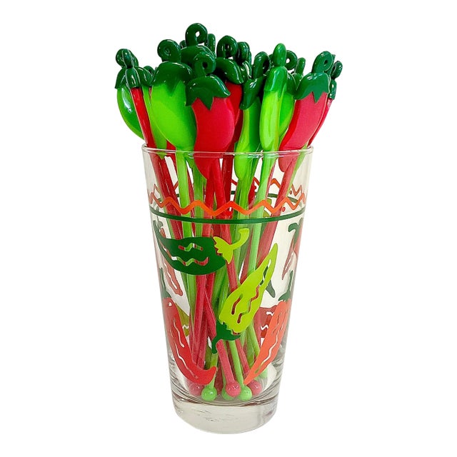 Cinco De Mayo - Mid-Century Boho Chic Mexican Jalapeño Swizzle Sticks in Pepper Glass Holder - Set of 30 For Sale