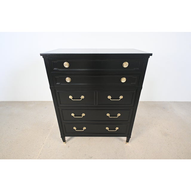 French Louis XVI Style Black Lacquered Highboy With Brass Hardware | Newly Refinished For Sale In South Bend - Image 6 of 18