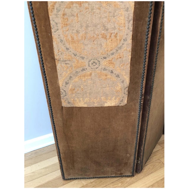 19th Century Antique Velvet, Tapestry and Nail Heads Three-Panel Folding Screen For Sale - Image 5 of 9