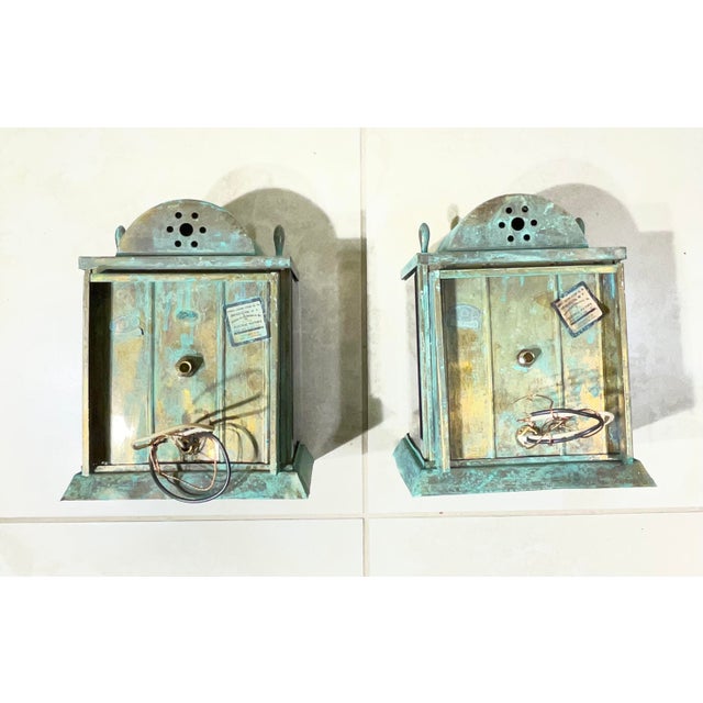 Metal Vintage Verdigris Solid Brass Lanterns - Pair of Wall-Mounted Sconces For Sale - Image 7 of 13