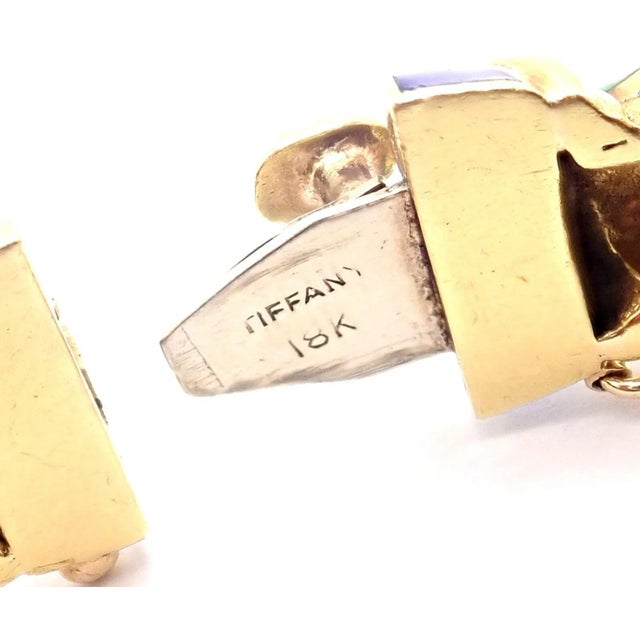 Metal Vintage Tiffany & Co. 18k Yellow Gold Green Blue Enamel Bangle Bracelet For Sale - Image 7 of 10