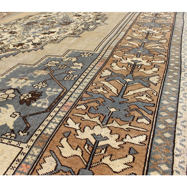 Textile Vintage Turkish Medallion Oushak Rug in Rustic Blue, Mocha, and Taupe 7'2 X 12'9 For Sale - Image 7 of 8