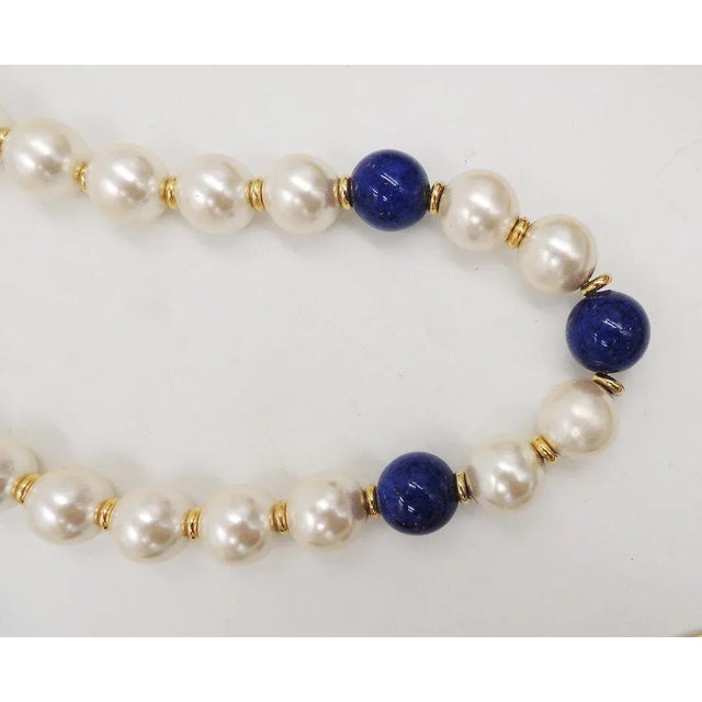 Napier Vintage Circa 1992 Signed Napier Mabe Faux-Pearl & Lapis Necklace For Sale - Image 4 of 12