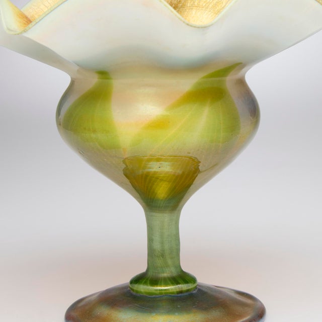 Green Antique Tiffany Studios Pulled Feather Ruffled Design Favrile Glass Vase/Compote For Sale - Image 8 of 9
