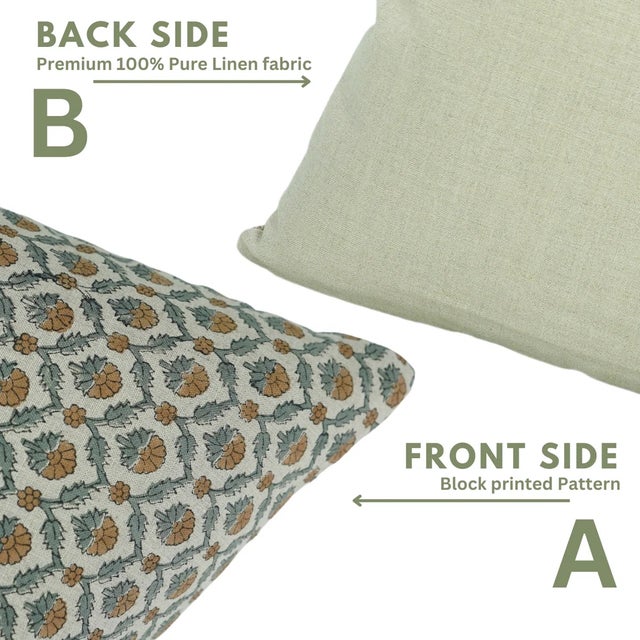 Fabdivine Handmade Block Printed Cushion Cover 14x14 Inch Pure Linen- Shehnaz For Sale - Image 4 of 5