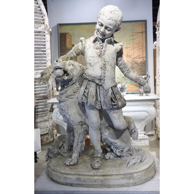 Signed Antique French Plaster Sculpture, a Renaissance Boy and His Dog, C. 1880 For Sale - Image 18 of 18