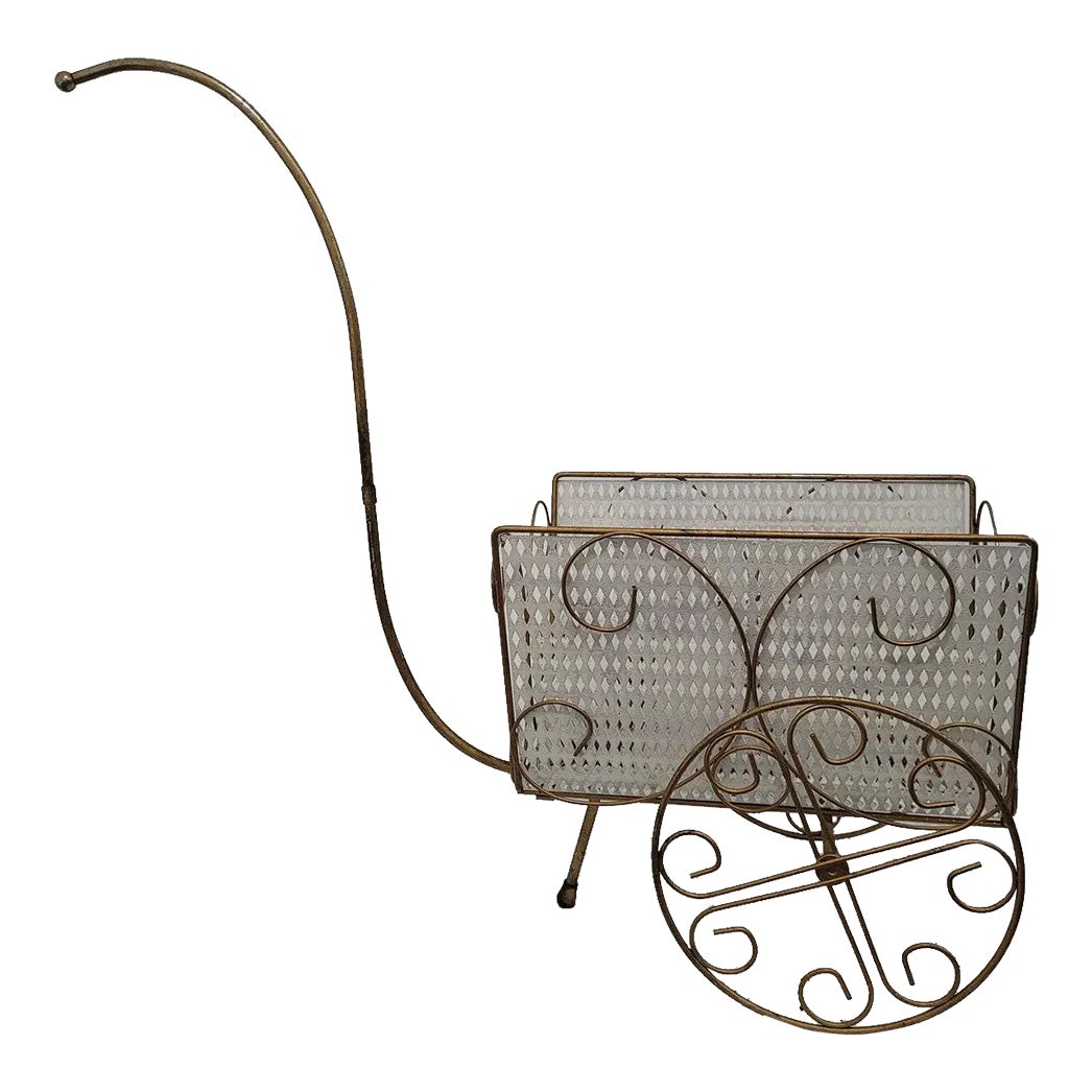 Mid-Century Modern White & Gold Mesh Metal Rolling Cart Magazine Rack ...