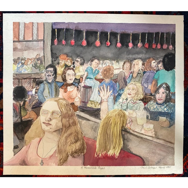 1975 watercolor on paper by Sue Cohen titled "A Memorable Night." Signed and dated lower right.
