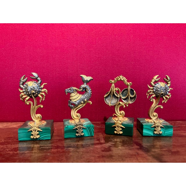 Vintage Italian Gilt 800 Silver Zodiac Place Card Holders with Malachite Bases, 1950s, Set of 4 For Sale - Image 10 of 10