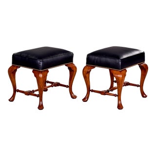 English Cherry Wood and Leather Upholstered Stools - Pair For Sale