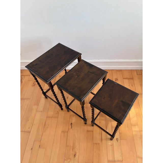 Vintage Set of 3 Barley Twist Walnut Nesting Side Tables, English 1940s For Sale - Image 14 of 15