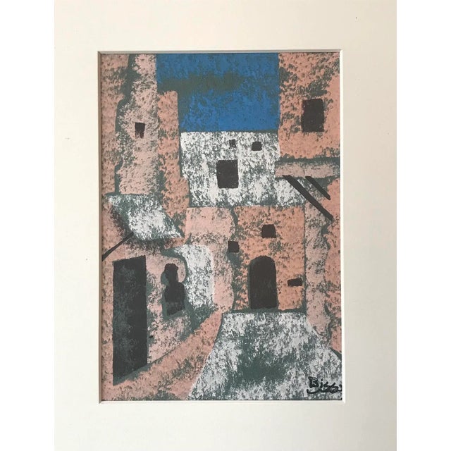 Vintage original gouache on paper painting of a Mediterranean village scene by Cirno Sergio Bissi. Signed lower right and...