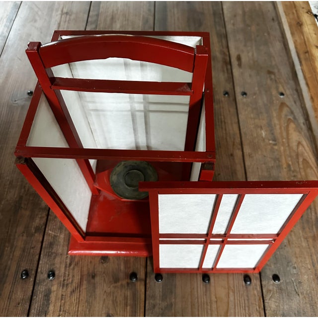 Japanese Shoji screen with Washi paper candleholder lantern built about 1920s. Two parts, cover and inside form with tray...