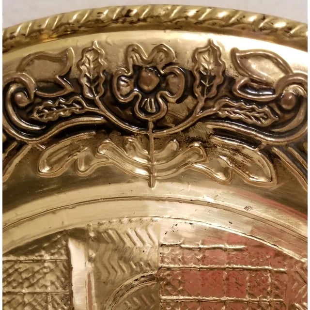 Art Deco Vintage Hammered Brass Repousse Wall Plate England Carriage People For Sale - Image 3 of 6