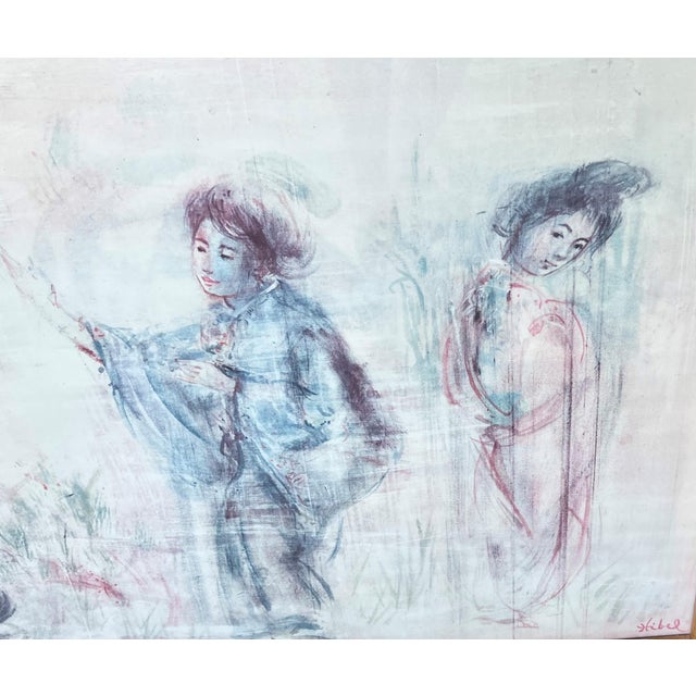 Alabaster Late 20th-Century “Geisha Girls” Faux Bamboo Frame Lithograph Reproduction Under Glass by Edna Hibel For Sale - Image 8 of 16