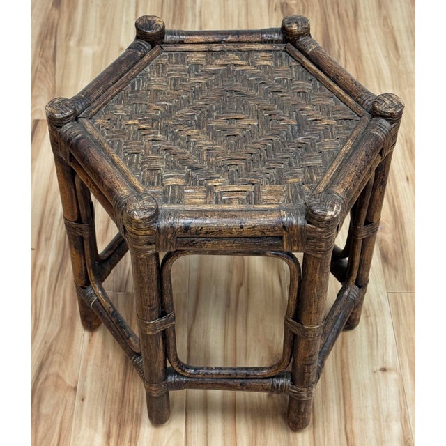 Vintage Hexagonal Rattan and Woven Wicker Side Table For Sale - Image 4 of 8