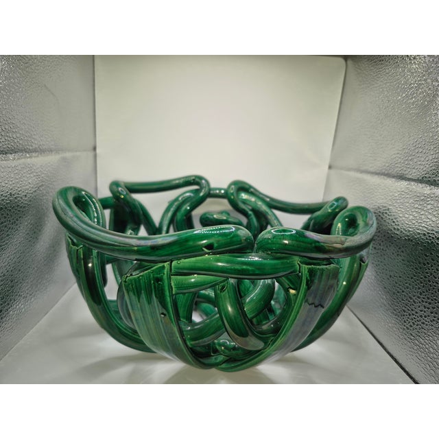 Postmodern Green Ceramic Braided Woven Abstract Centerpiece Bowl For Sale In Phoenix - Image 6 of 11