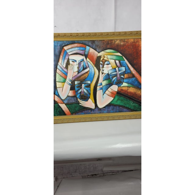 Vintage Postmodern Cubist Figurative Signed Canvas Acrylic Painting, Framed For Sale - Image 6 of 8