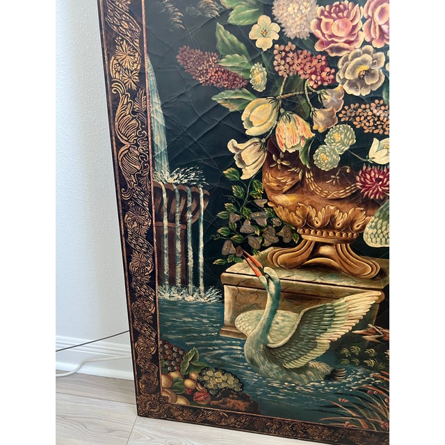 Extra Large Castilian Imports Vintage Painting on Wood With Birds and Flowers (70 X 38 X 1.1 Inches) For Sale - Image 4 of 12