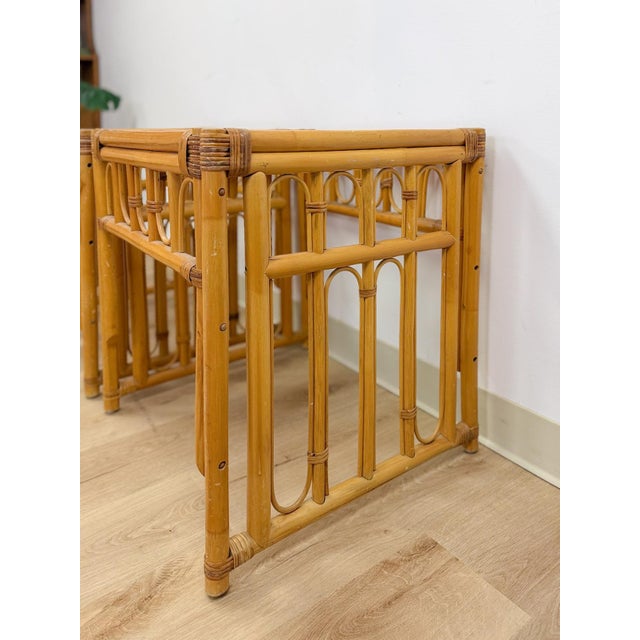 Vintage Rattan End Table Pair Arched Inlay Glass Top Coastal Boho MCM For Sale - Image 9 of 10