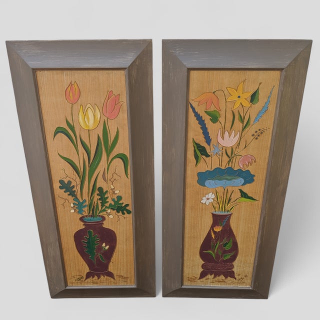 Eggplant Vintage Handcrafted Folk Art Botanical Floral Framed Wall Panels- A Pair For Sale - Image 8 of 12
