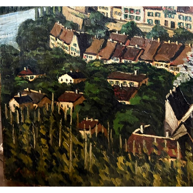 Rustic European Antique Oil on Canvas - Baden Wurtennberg Germany - Cityscape of Alt - Breisach - St. Stephen Munster Cathedral - Rhine River For Sale - Image 3 of 9