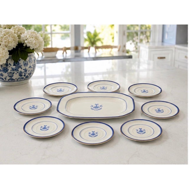 Vintage Neoclassical Cobalt Blue & White Porcelain Serving Set - Platter & 8 Dessert Plates - 9 Pieces For Sale - Image 9 of 12