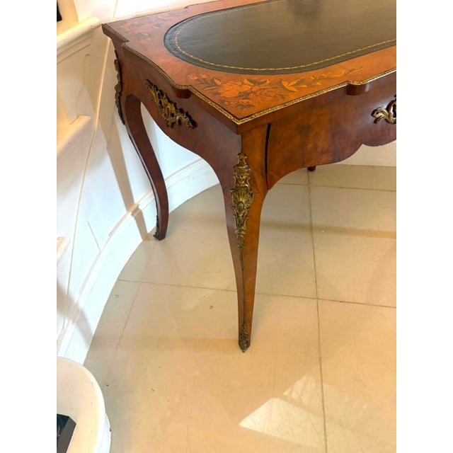 Antique French Walnut Marquetry Inlaid Writing Desk with Leather Top, 1860s For Sale - Image 4 of 14